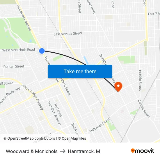 Woodward & Mcnichols to Hamtramck, MI map