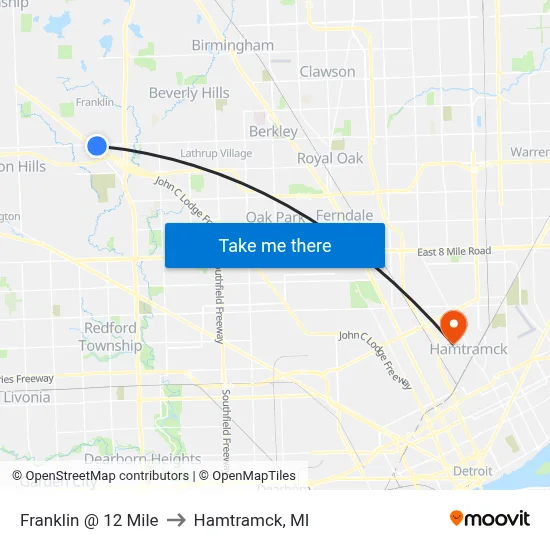 Franklin @ 12 Mile to Hamtramck, MI map