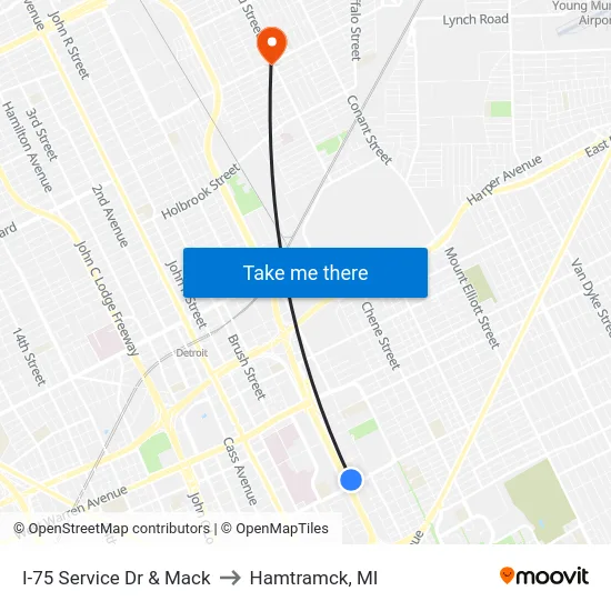 I-75 Service Dr & Mack to Hamtramck, MI map
