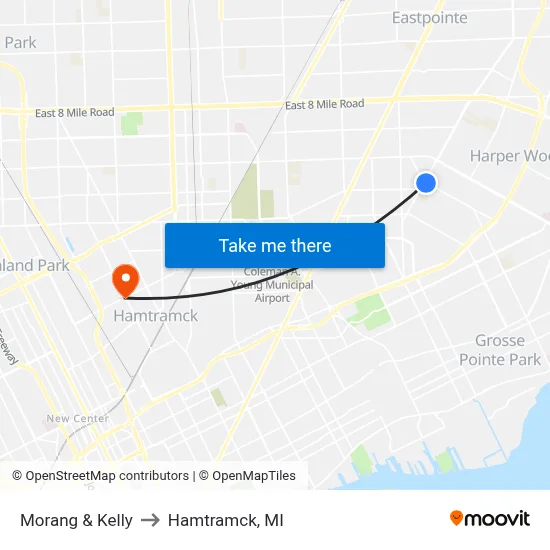 Morang & Kelly to Hamtramck, MI map