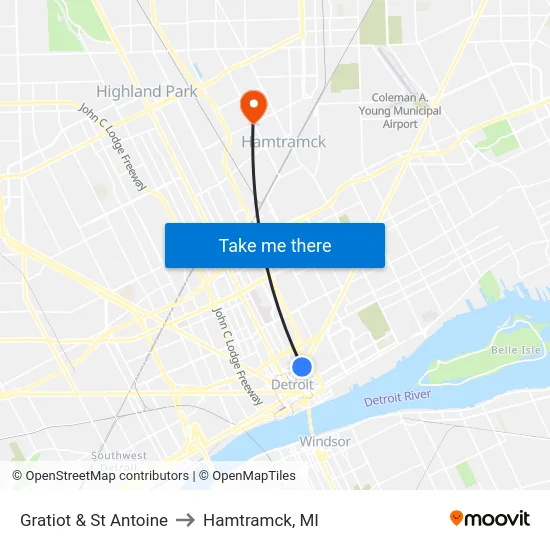 Gratiot & St Antoine to Hamtramck, MI map