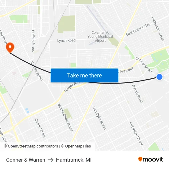 Conner & Warren to Hamtramck, MI map