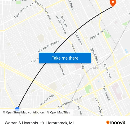 Warren & Livernois to Hamtramck, MI map