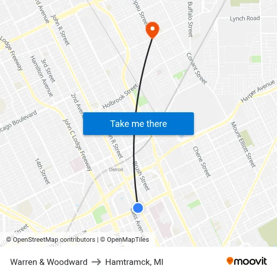 Warren & Woodward to Hamtramck, MI map