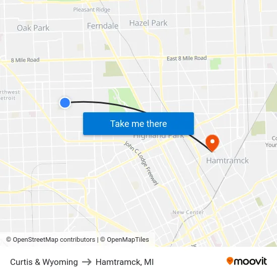 Curtis & Wyoming to Hamtramck, MI map