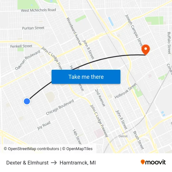 Dexter & Elmhurst to Hamtramck, MI map