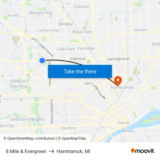 8 Mile & Evergreen to Hamtramck, MI map