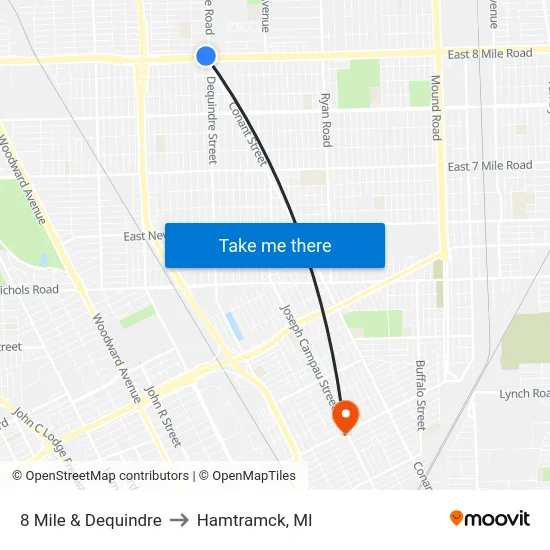 8 Mile & Dequindre to Hamtramck, MI map