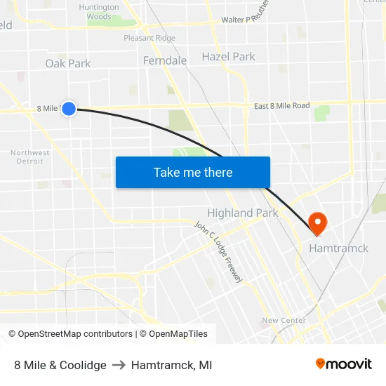 8 Mile & Coolidge to Hamtramck, MI map