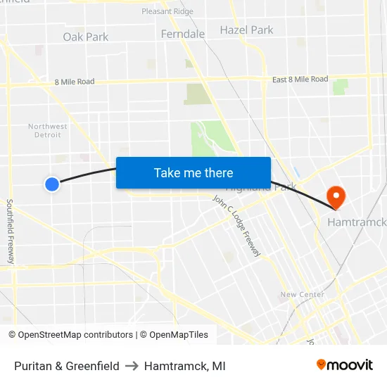 Puritan & Greenfield to Hamtramck, MI map