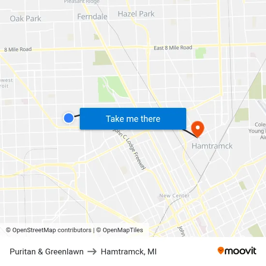Puritan & Greenlawn to Hamtramck, MI map