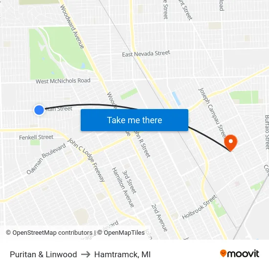 Puritan & Linwood to Hamtramck, MI map