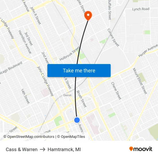 Cass & Warren to Hamtramck, MI map