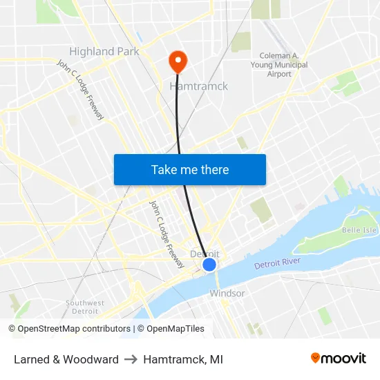 Larned & Woodward to Hamtramck, MI map