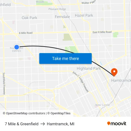 7 Mile & Greenfield to Hamtramck, MI map