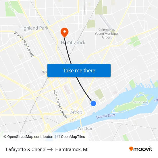 Lafayette & Chene to Hamtramck, MI map
