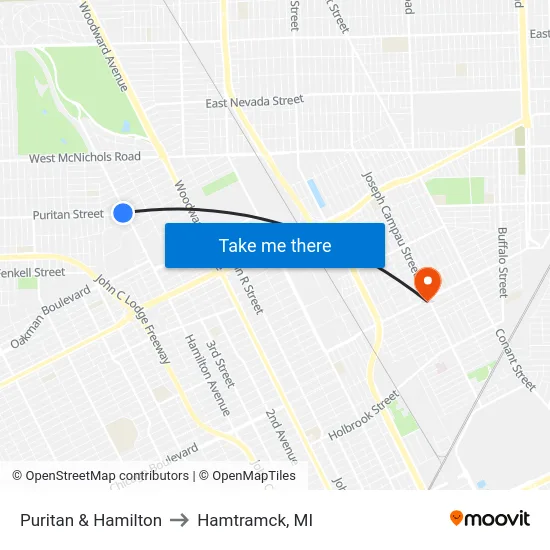 Puritan & Hamilton to Hamtramck, MI map