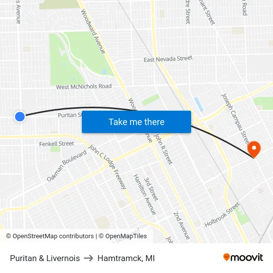 Puritan & Livernois to Hamtramck, MI map