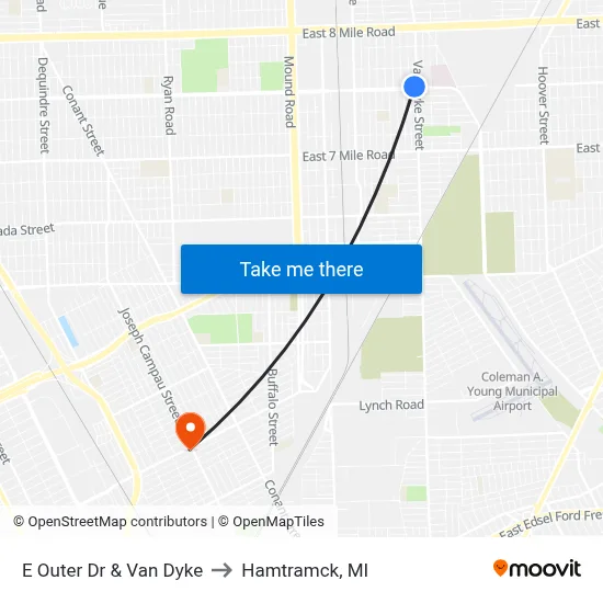E Outer Dr & Van Dyke to Hamtramck, MI map
