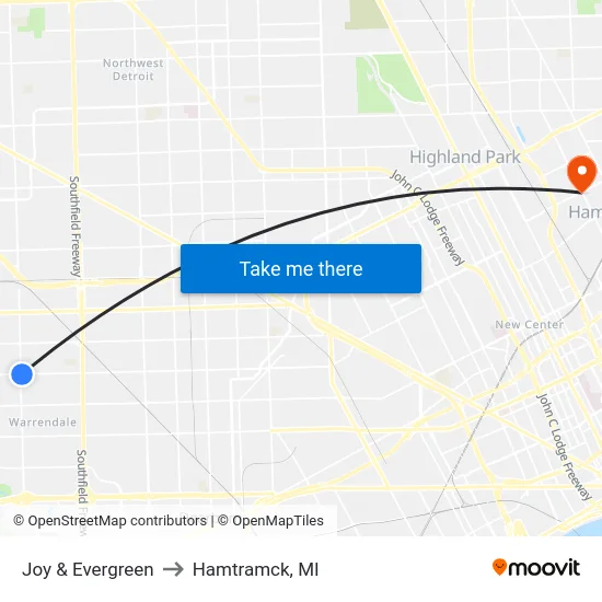 Joy & Evergreen to Hamtramck, MI map