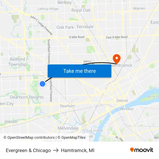Evergreen & Chicago to Hamtramck, MI map