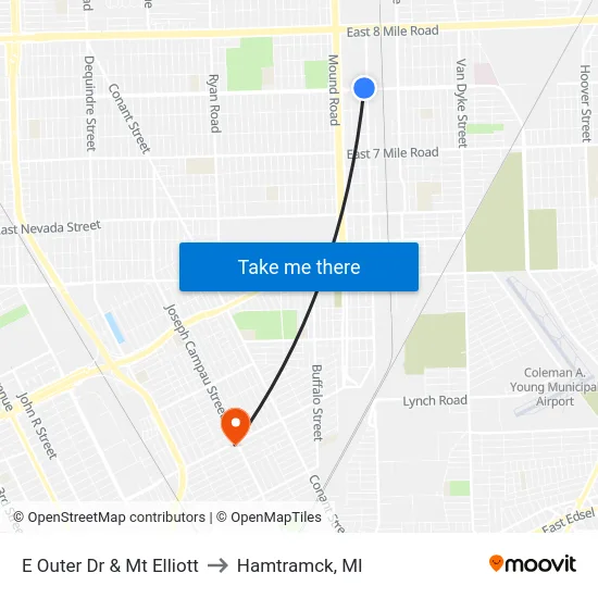 E Outer Dr & Mt Elliott to Hamtramck, MI map