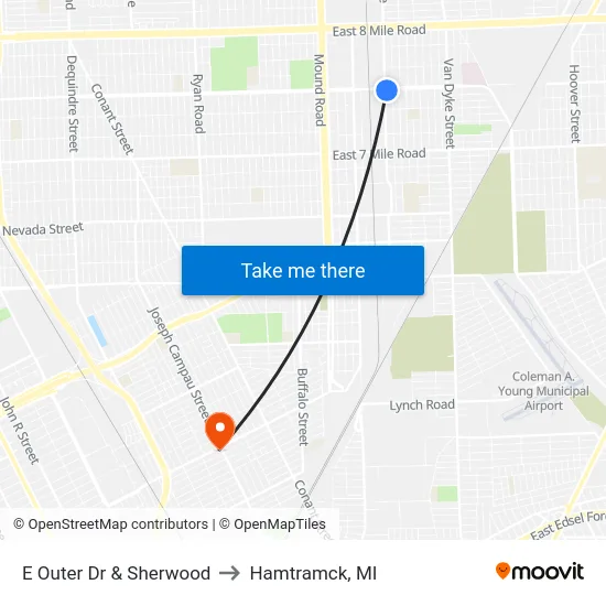E Outer Dr & Sherwood to Hamtramck, MI map