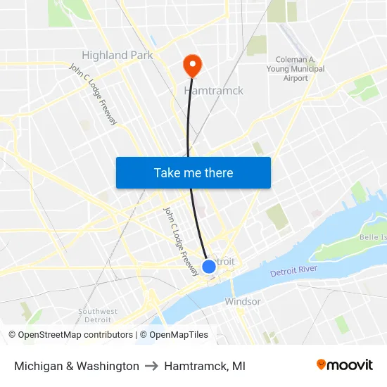 Michigan & Washington to Hamtramck, MI map