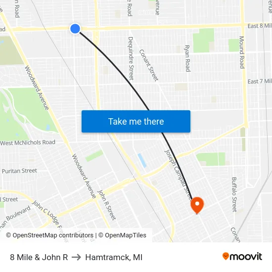 8 Mile & John R to Hamtramck, MI map