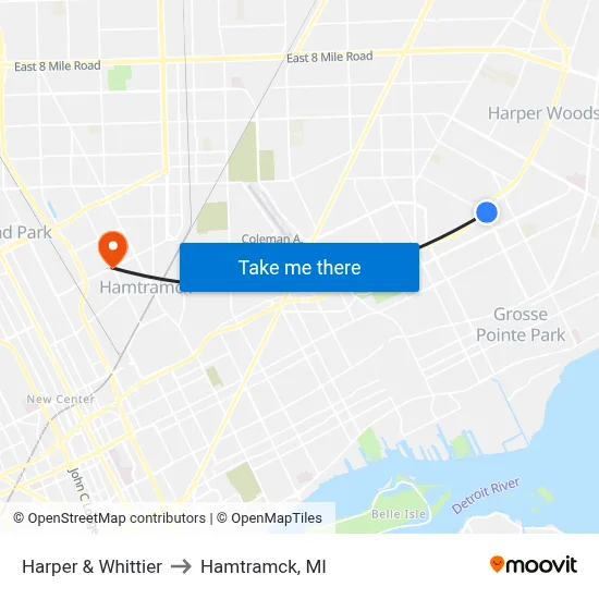 Harper & Whittier to Hamtramck, MI map