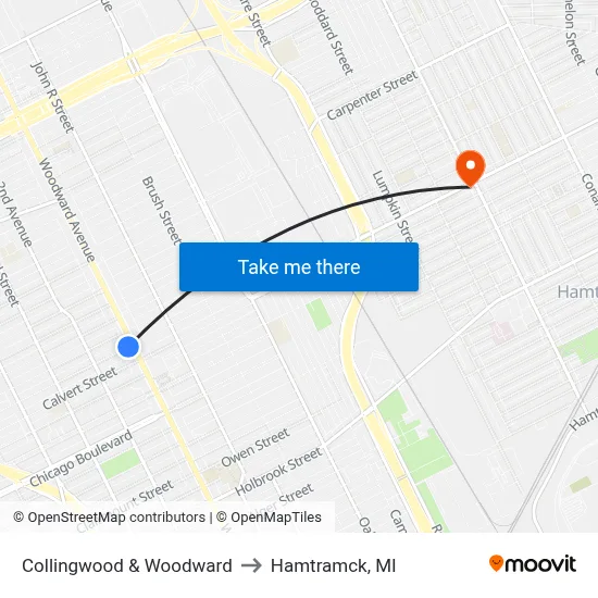 Collingwood & Woodward to Hamtramck, MI map