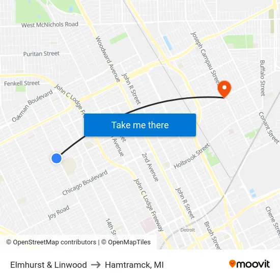 Elmhurst & Linwood to Hamtramck, MI map