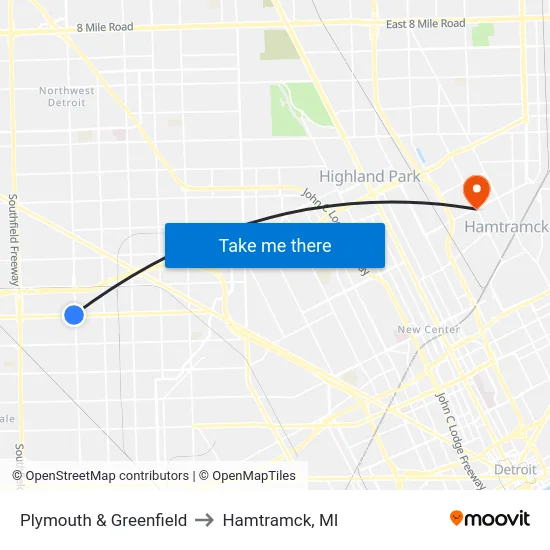 Plymouth & Greenfield to Hamtramck, MI map