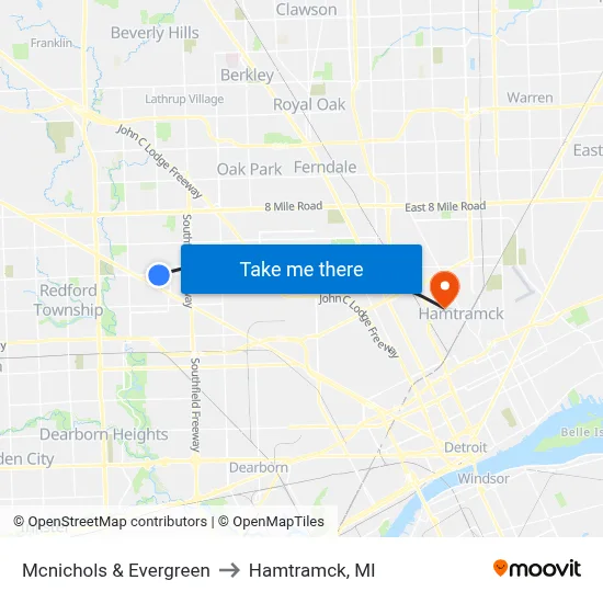 Mcnichols & Evergreen to Hamtramck, MI map