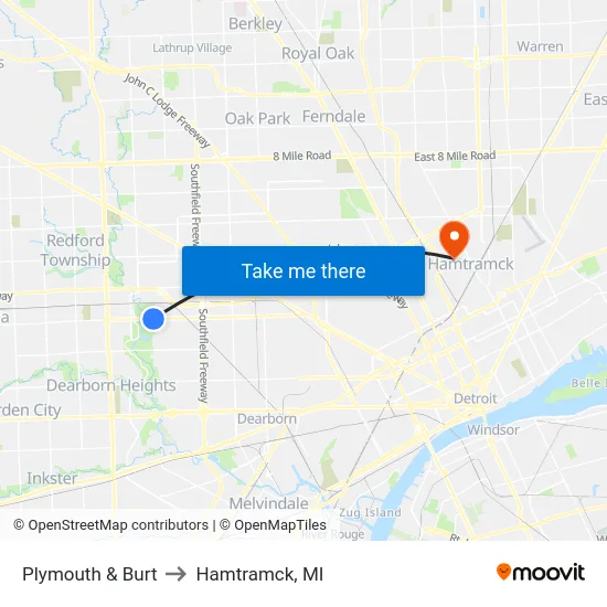 Plymouth & Burt to Hamtramck, MI map