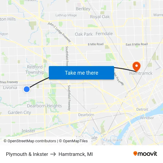 Plymouth & Inkster to Hamtramck, MI map