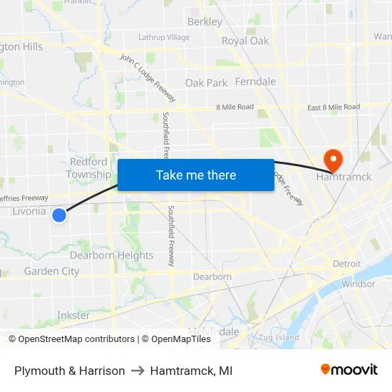Plymouth & Harrison to Hamtramck, MI map
