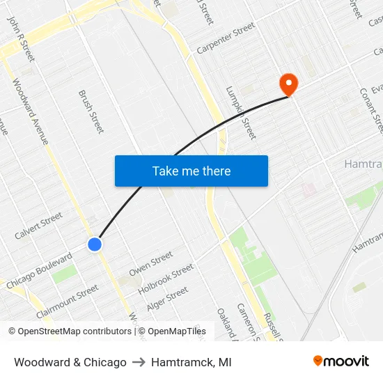 Woodward & Chicago to Hamtramck, MI map