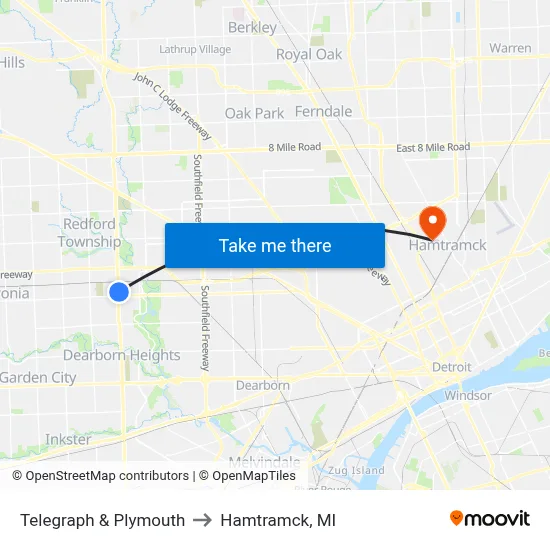 Telegraph & Plymouth to Hamtramck, MI map