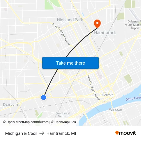 Michigan & Cecil to Hamtramck, MI map