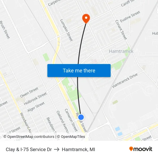 Clay & I-75 Service Dr to Hamtramck, MI map