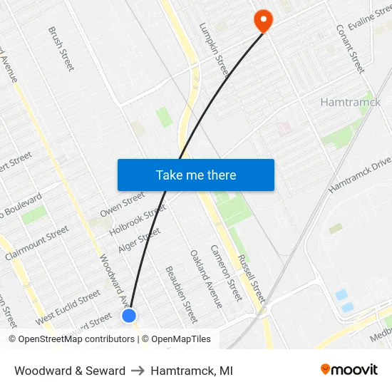 Woodward & Seward to Hamtramck, MI map