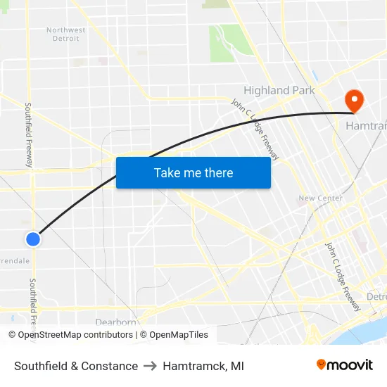 Southfield & Constance to Hamtramck, MI map