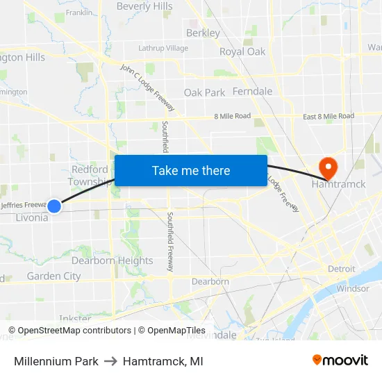 Millennium Park to Hamtramck, MI map