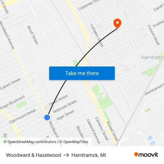 Woodward & Hazelwood to Hamtramck, MI map