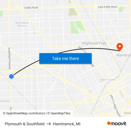 Plymouth & Southfield to Hamtramck, MI map