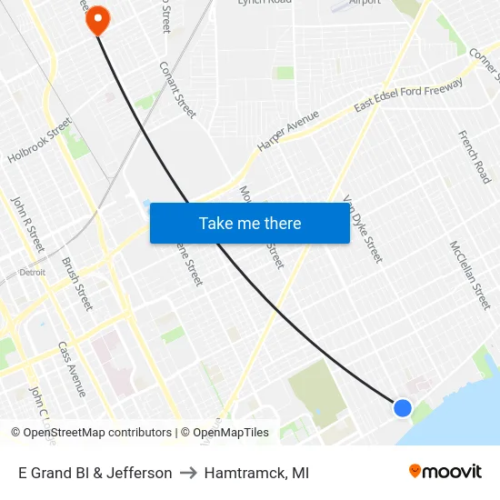 E Grand Bl & Jefferson to Hamtramck, MI map