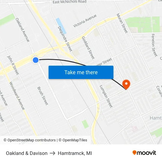 Oakland & Davison to Hamtramck, MI map