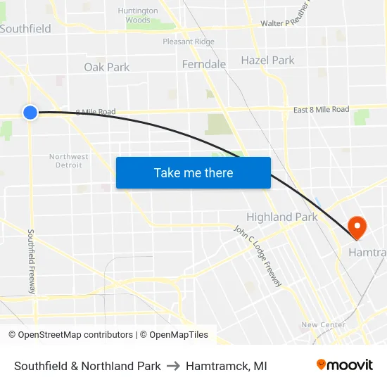 Southfield & Northland Park to Hamtramck, MI map