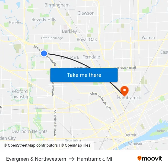 Evergreen & Northwestern to Hamtramck, MI map